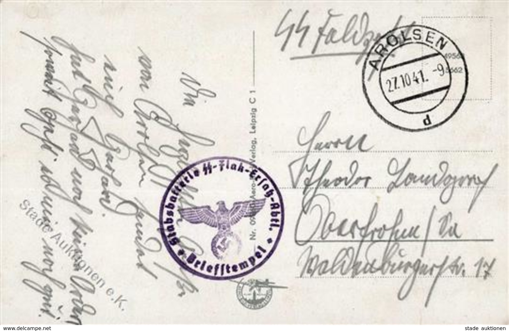 SS WK II - SS-Feldpostkarte -STABSBATTERIE SS-FLAK-ERS.Abtl. AROLSEN 1941 I - Guerre 1939-45