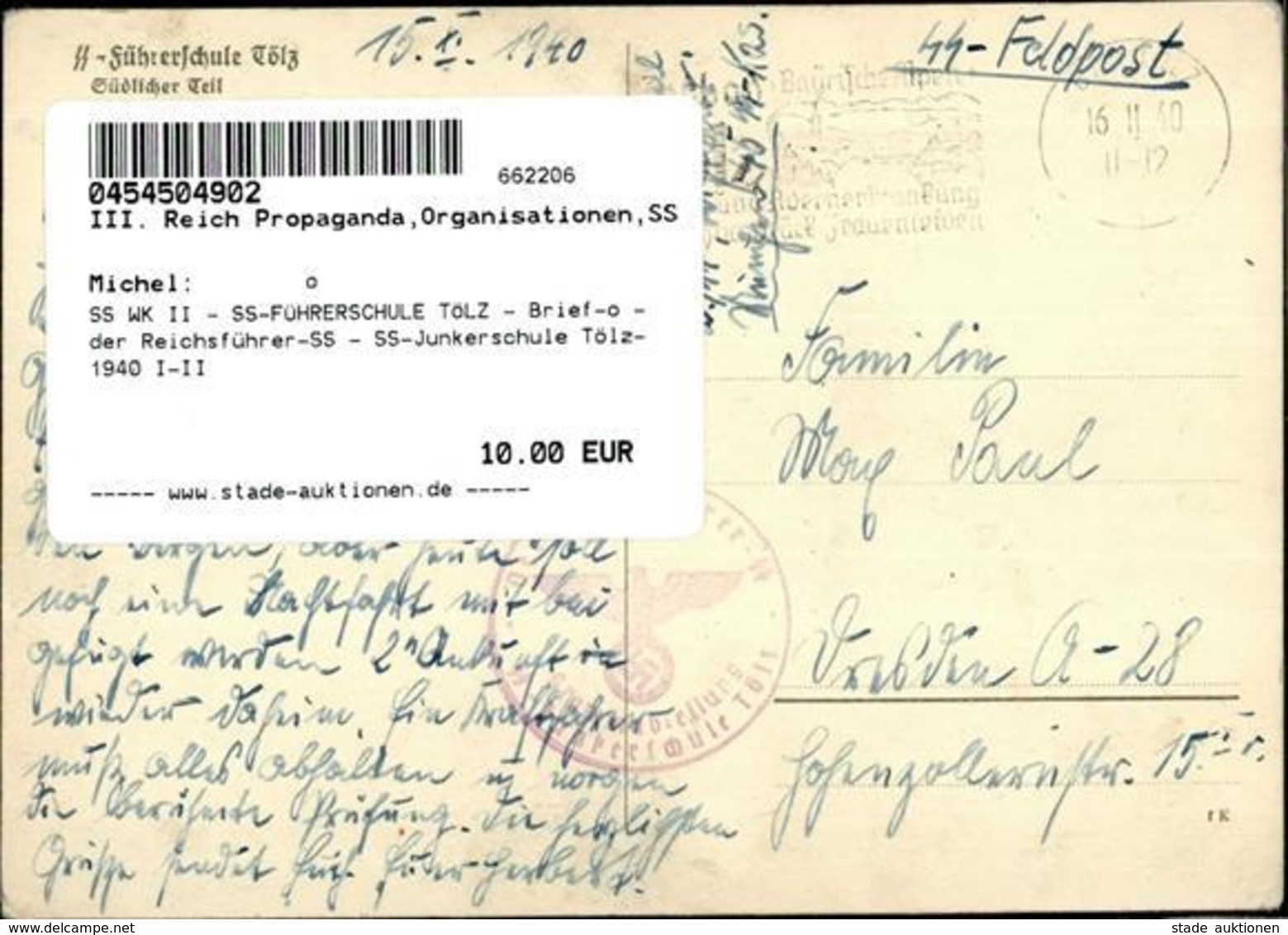 SS WK II - SS-FÜHRERSCHULE TÖLZ - Brief-o -der Reichsführer-SS - SS-Junkerschule Tölz-  1940 I-II - War 1939-45