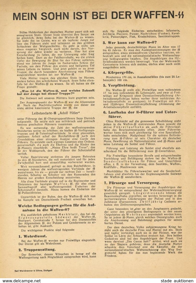 SS WK II Informationsblatt Mein Sohn Ist Bei Der Waffen-SS II (leicht Vergilbt) - Weltkrieg 1939-45