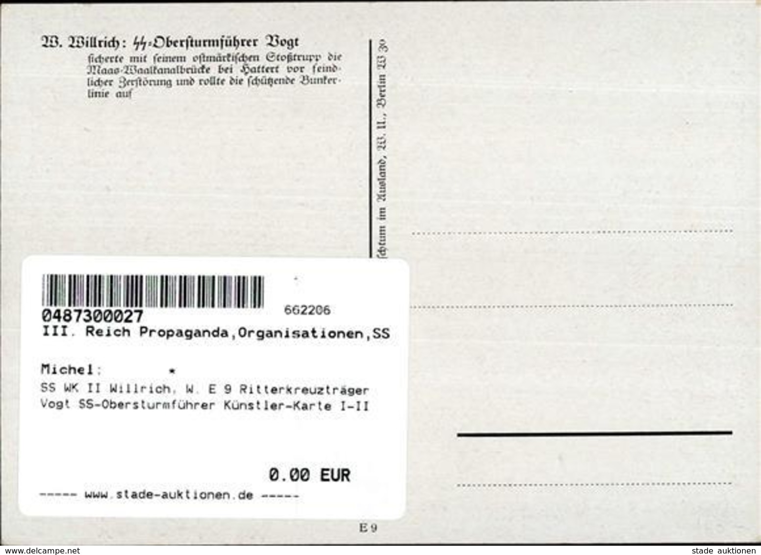 SS WK II Willrich, W. E 9 Ritterkreuzträger Vogt SS-Obersturmführer Künstler-Karte I-II - Weltkrieg 1939-45