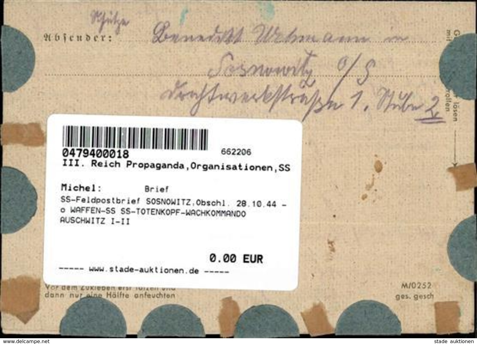 SS-Feldpostbrief SOSNOWITZ,Obschl. 28.10.44 - O WAFFEN-SS SS-TOTENKOPF-WACHKOMMANDO AUSCHWITZ I-II - Weltkrieg 1939-45