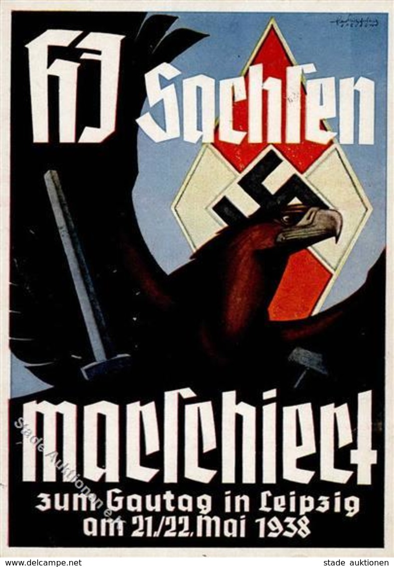HJ WK II - HJ-SACHSEN Marschiert! GEBIETSAUFMARSCH Der HJ LEIPZIG 1938 Mit S-o Sign. Künstlerkarte I - Weltkrieg 1939-45