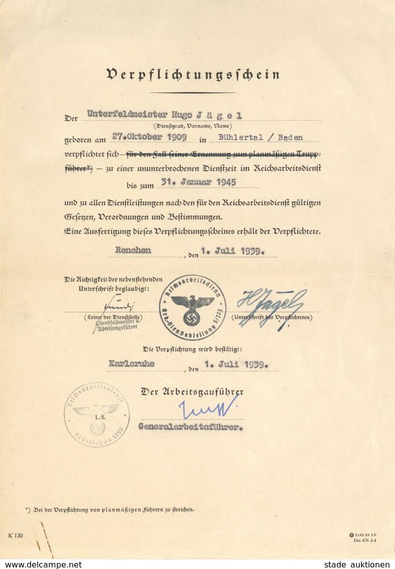 WK II RAD Reichsarbeitsdienst Verpflichtungsschein II (Stauchung) - War 1939-45