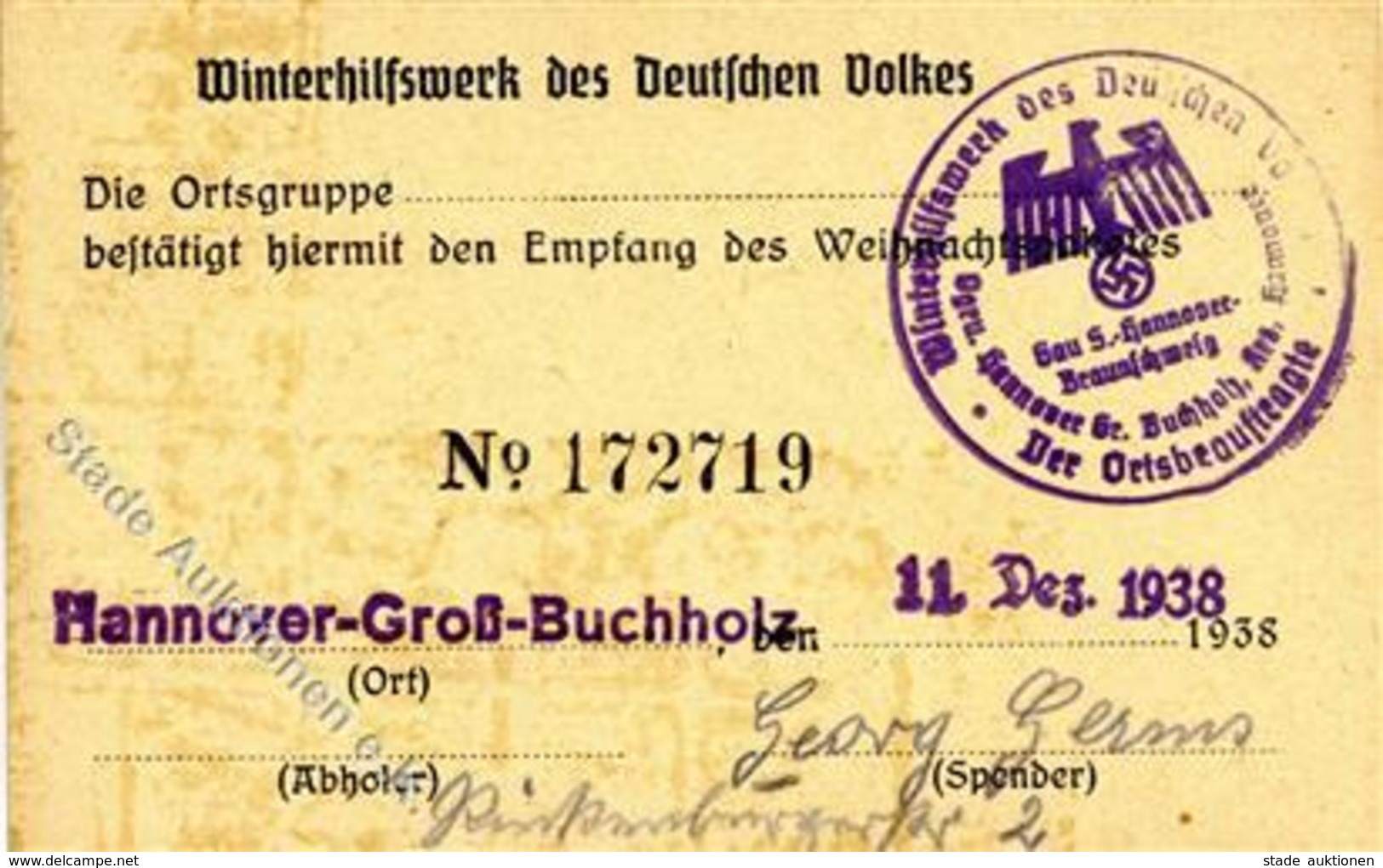 WHW WK II - Spendenkärtchen HANNOVER-GR.BUCHHOLZ 1938 I-II - Weltkrieg 1939-45