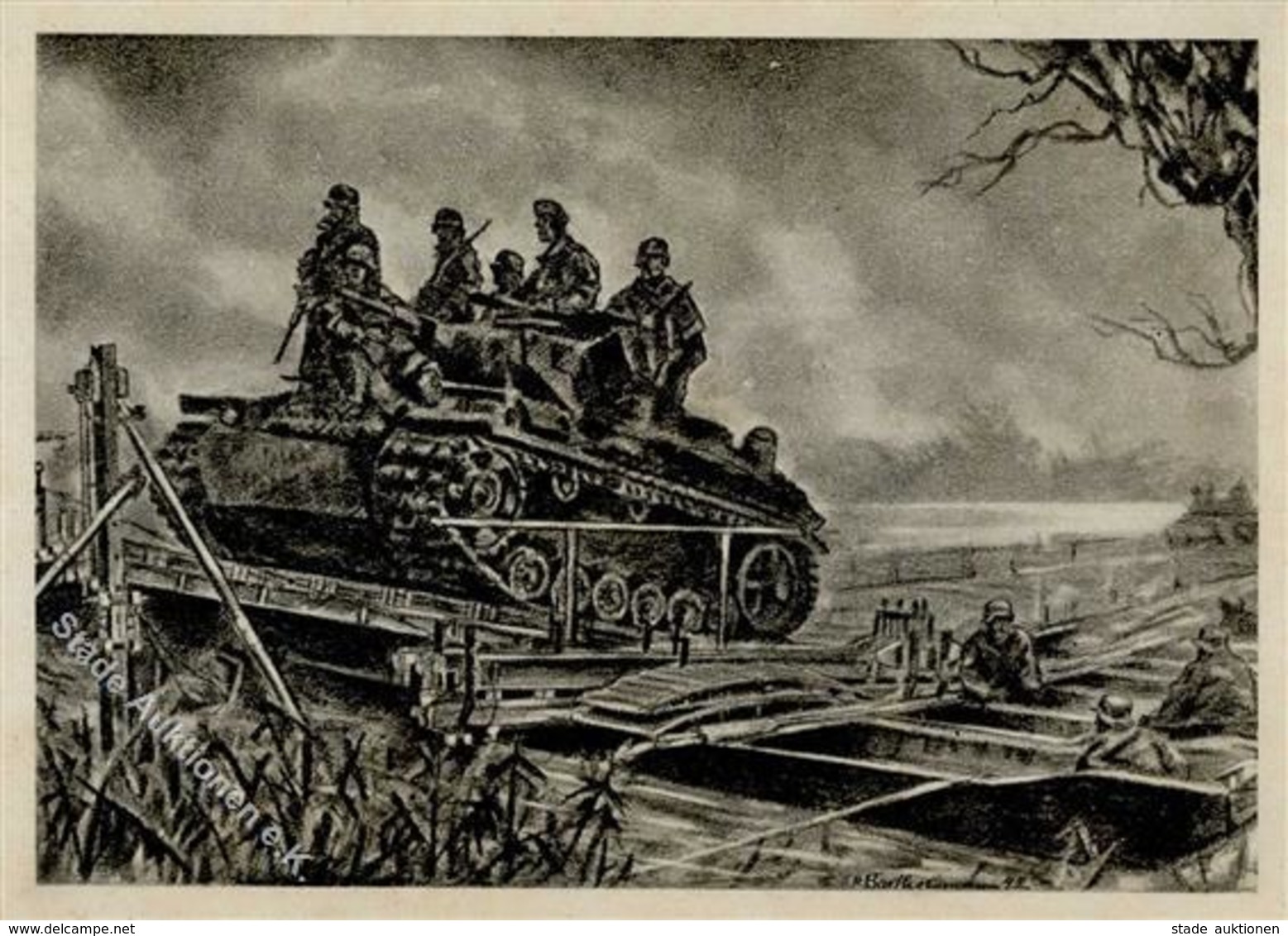 Panzer (WK II) Über Die Kriegsbrücke Der Pioniere Künstlerkarte I-II Réservoir - Weltkrieg 1939-45