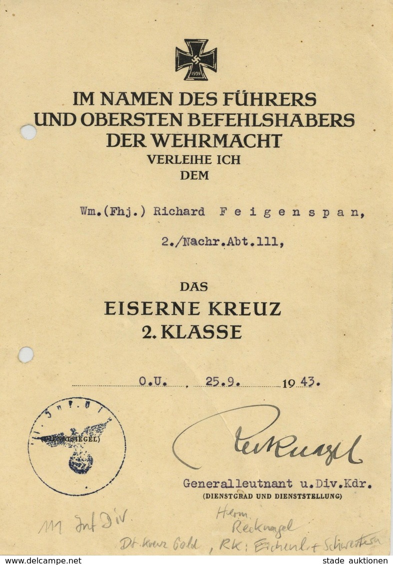 Verleihungsurkunde Das Eiserne Kreuz 2. Klasse II (Stauchung) - War 1939-45