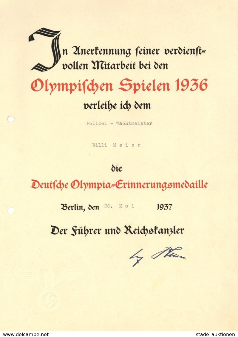 Verleihungsurkunde WK II Deutsche Olympia Erinnerungsmedaille I-II - Guerre 1939-45