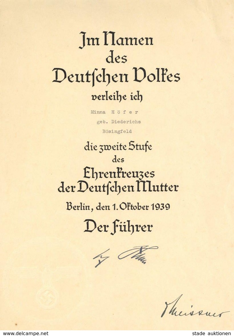 Verleihungsurkunde WK II Ehrenkreuz Der Deutschen Mutter 2. Stufe I-II - Weltkrieg 1939-45