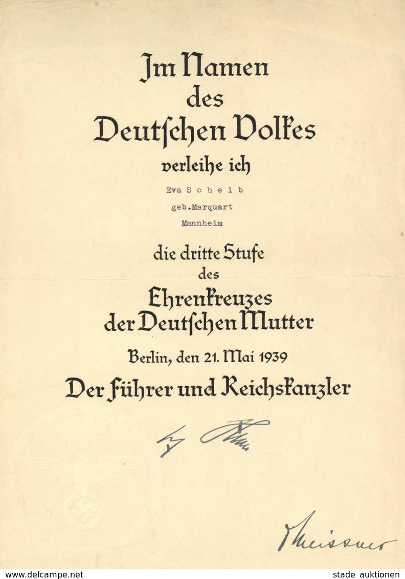 Verleihungsurkunde WK II Ehrenkreuz Der Deutschen Mutter 3. Stufe I-II - War 1939-45