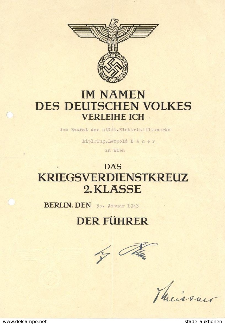 Verleihungsurkunde WK II Kriegsverdienstkreuz 2. Klasse I-II - Guerre 1939-45