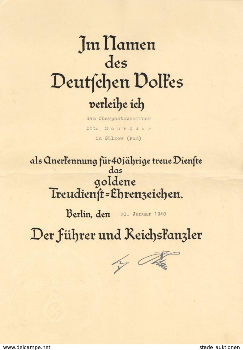 Verleihungsurkunde WK II Treudienst Ehrenzeichen In Gold Für 40 Jährige Treue Dienste I-II - Weltkrieg 1939-45