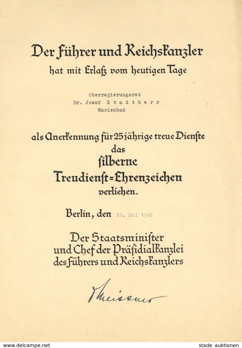 Verleihungsurkunde WK II Treudienst Ehrenzeichen In Silber Für 25 Jährige Treue Dienste I-II - Weltkrieg 1939-45