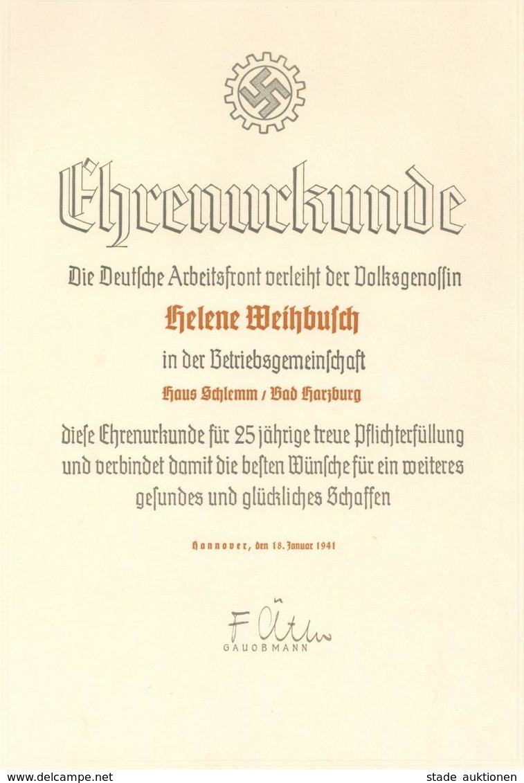 WK II Bad Harzburg (3388) Haus Schlemm Urkunde 25 Jährige Treue Pflichterfüllung Deutsche Arbeitsfront I-II - Weltkrieg 1939-45