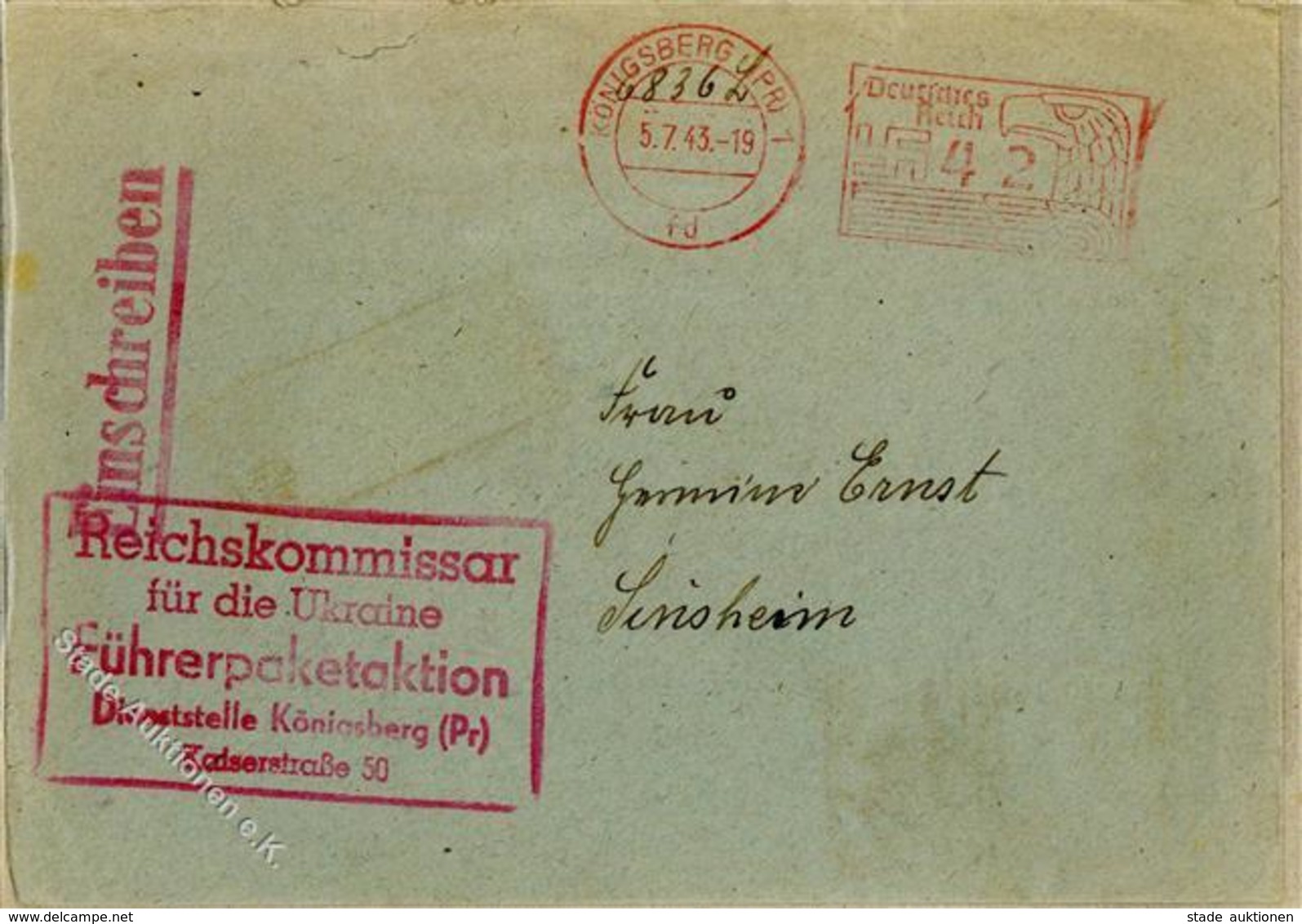 WK II Beleg Königsberg Absender Reichskommissar Für Die Ukraine Führerpaketaktion Dienststelle Königsberg Kaiserstraße 5 - Weltkrieg 1939-45