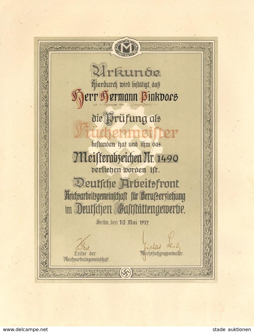 WK II Berlin (1000) Urkunde Küchenmeister Deutsche Arbeitsfront I-II - Weltkrieg 1939-45