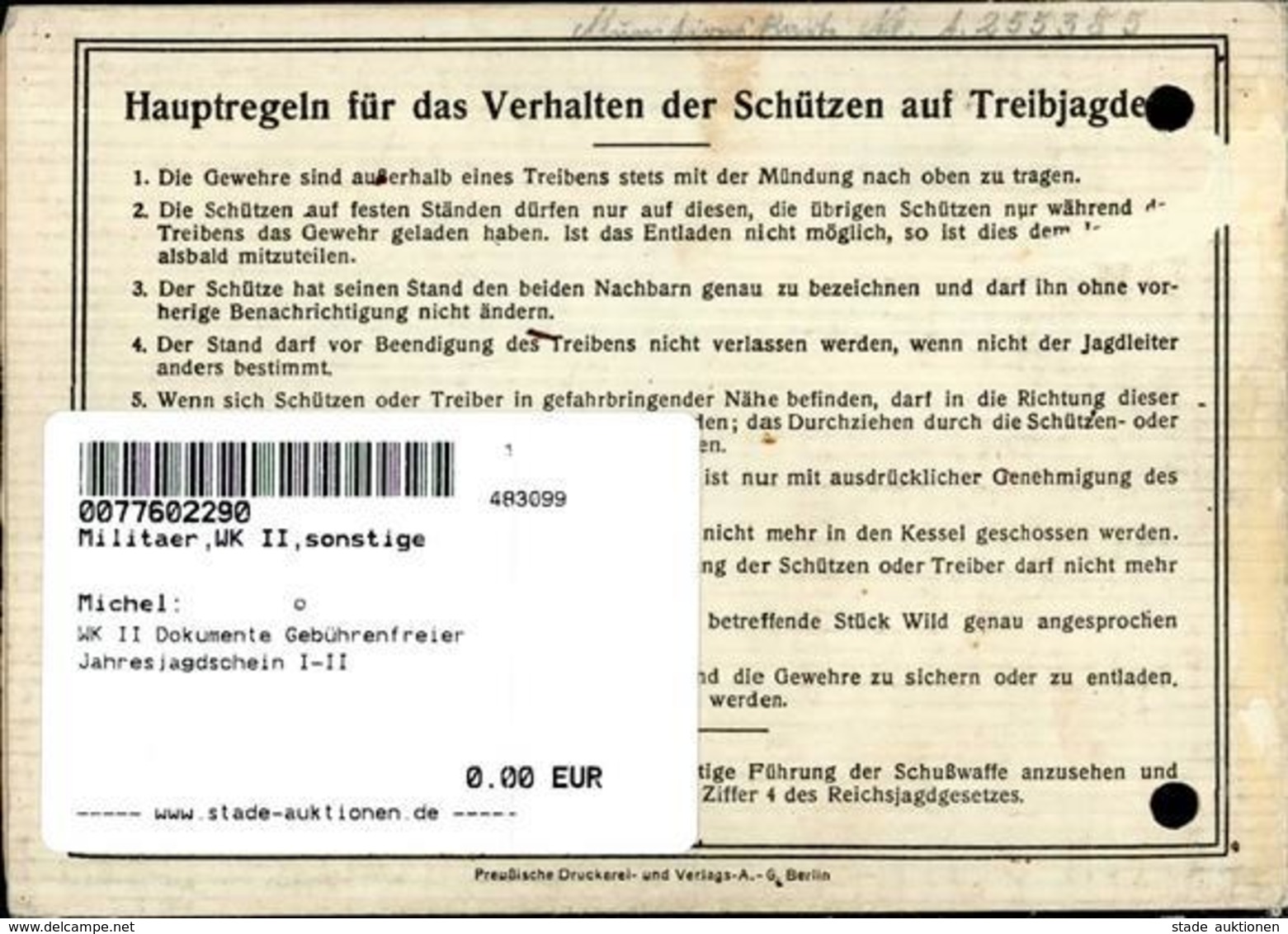 WK II Dokumente Gebührenfreier Jahresjagdschein I-II - Weltkrieg 1939-45