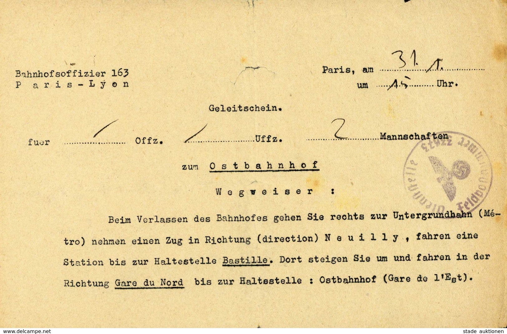 WK II Geleitschein Bahnhofsoffizier 163 Paris Lyon II (Einrisse, Fleckig) - Weltkrieg 1939-45