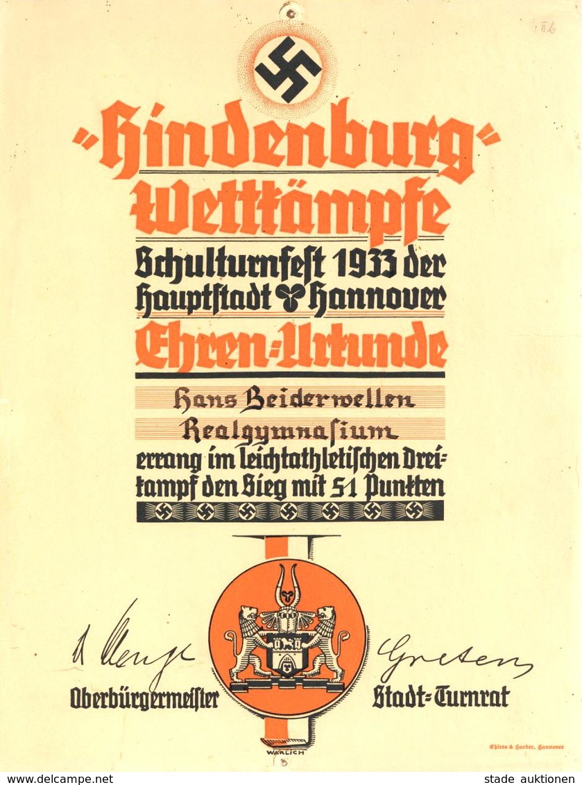 WK II Hannover (3000) Urkunde Hindenburg Wettkämpfe II (Reißnagelloch) - Weltkrieg 1939-45