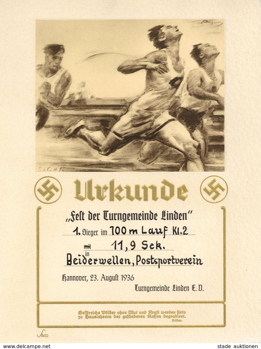 WK II Hannover (3000) Urkunde Turngemeinde Linden I-II - Guerre 1939-45