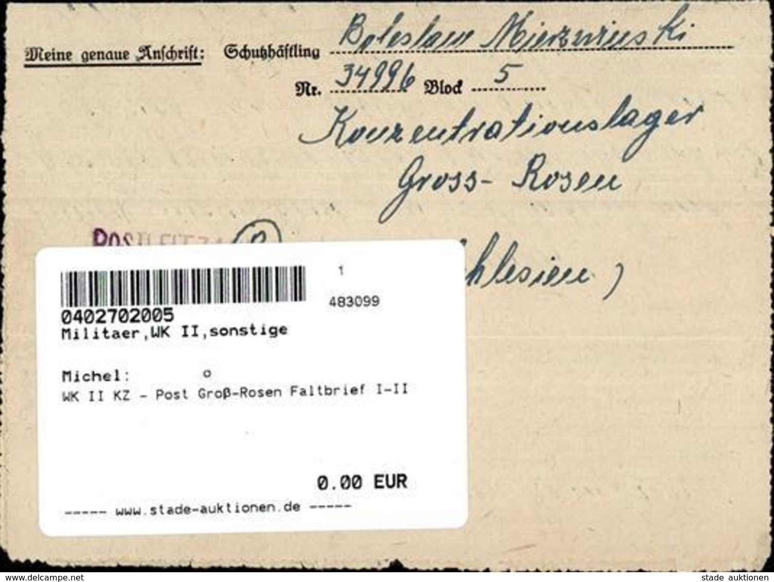 WK II KZ - Post Groß-Rosen Faltbrief I-II - Guerre 1939-45