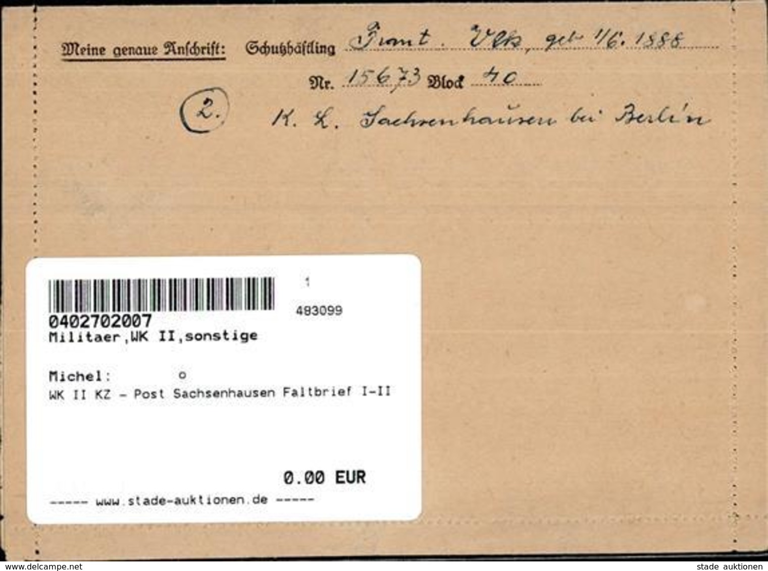 WK II KZ - Post Sachsenhausen Faltbrief I-II - Weltkrieg 1939-45