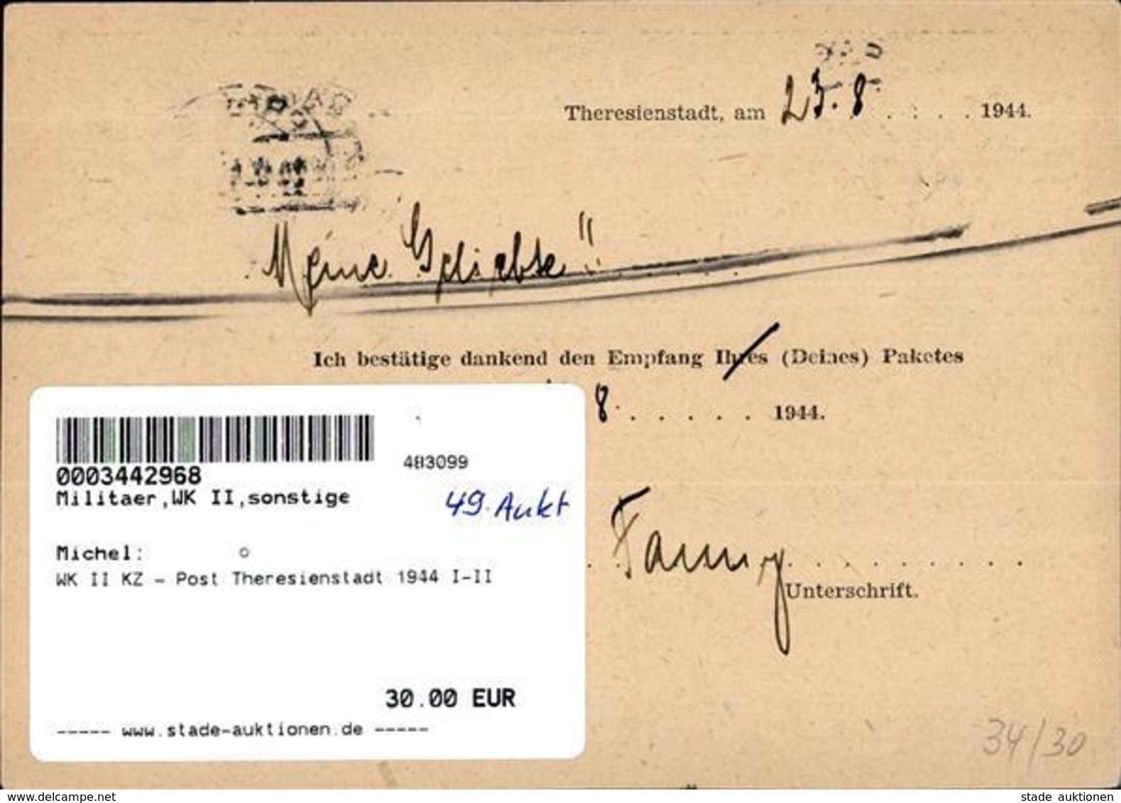 WK II KZ - Post Theresienstadt 1944 I-II - Weltkrieg 1939-45
