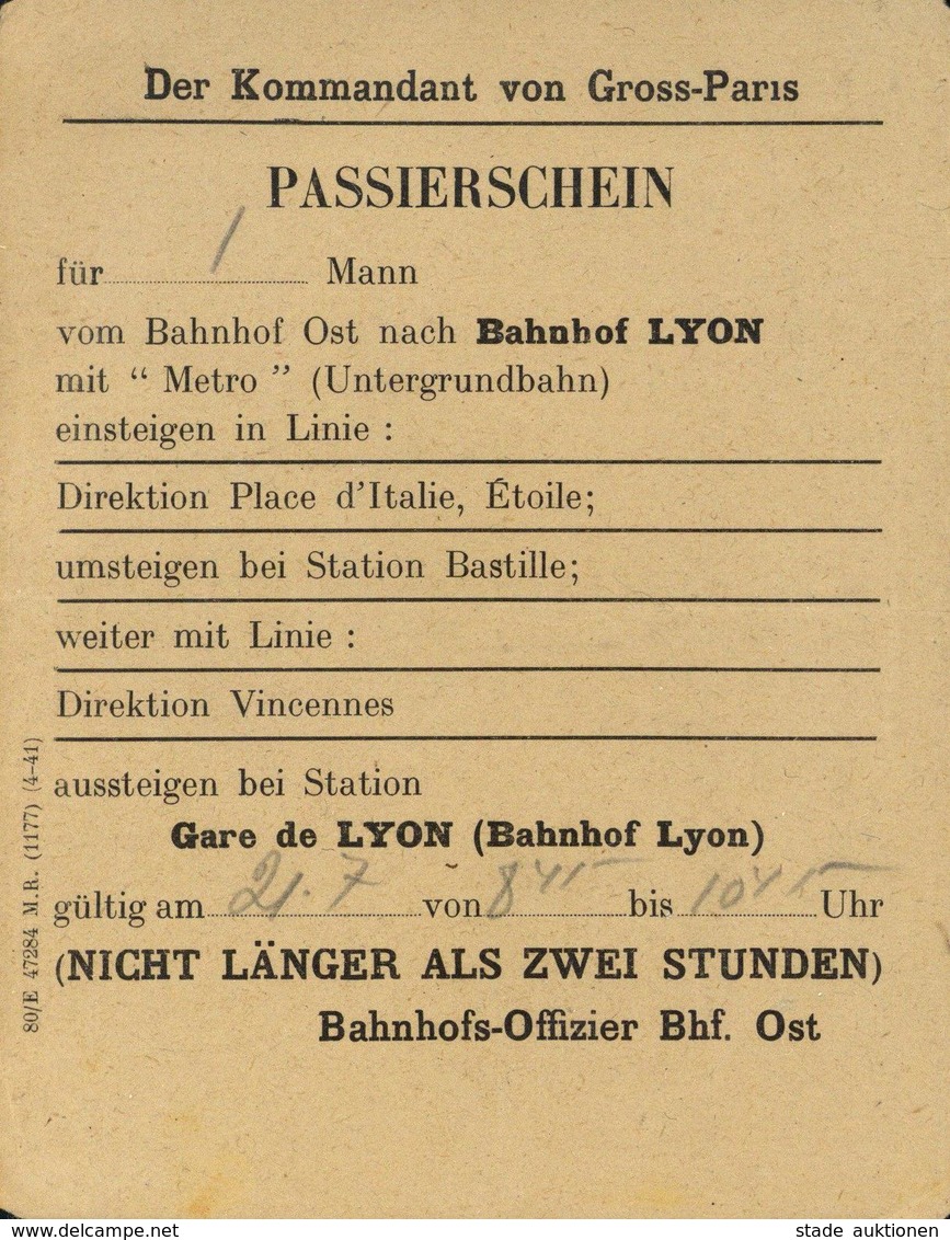 WK II Passierschein Bahnhof Lyon I-II - Weltkrieg 1939-45