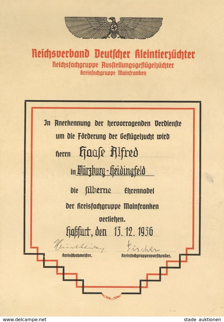 WK II Würzburg (8700) Verleihungsurkunde Silberne Ehrennadel Für Förderung Der Geflügelzucht I-II - Weltkrieg 1939-45