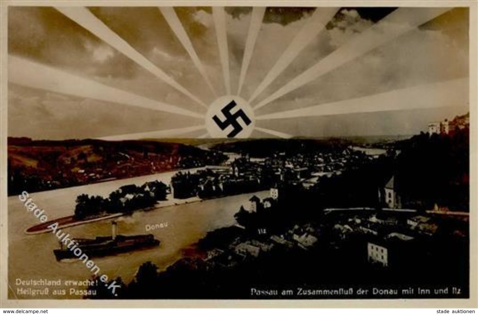 Aufgehende Sonne WK II Passau (8390) Deutschland Erwache Foto AK I-II (Marke Entfernt, Eckbug) - War 1939-45