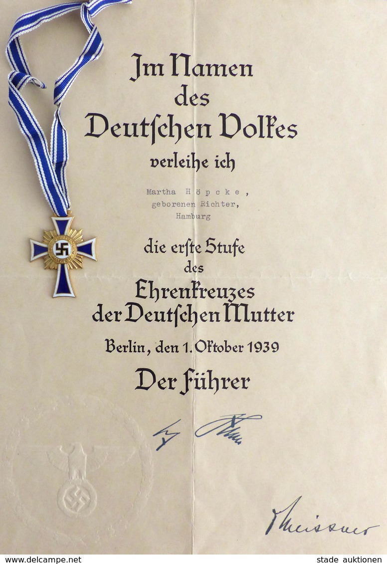 WK II Orden Ehrenkreuz Der Deutschen Mutter 1. Stufe Mit Verleihungsurkunde I-II - Weltkrieg 1939-45