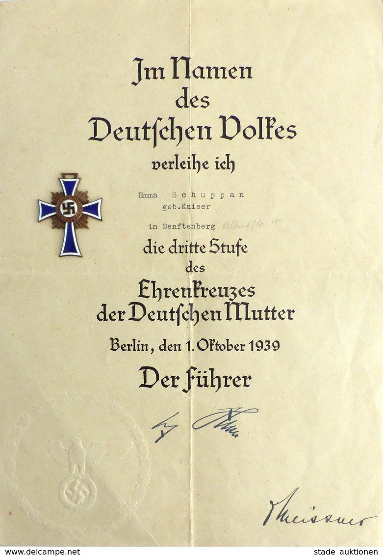 WK II Orden Ehrenkreuz Der Deutschen Mutter 3. Stufe Mit Verleihungsurkunde I-II - Guerra 1939-45