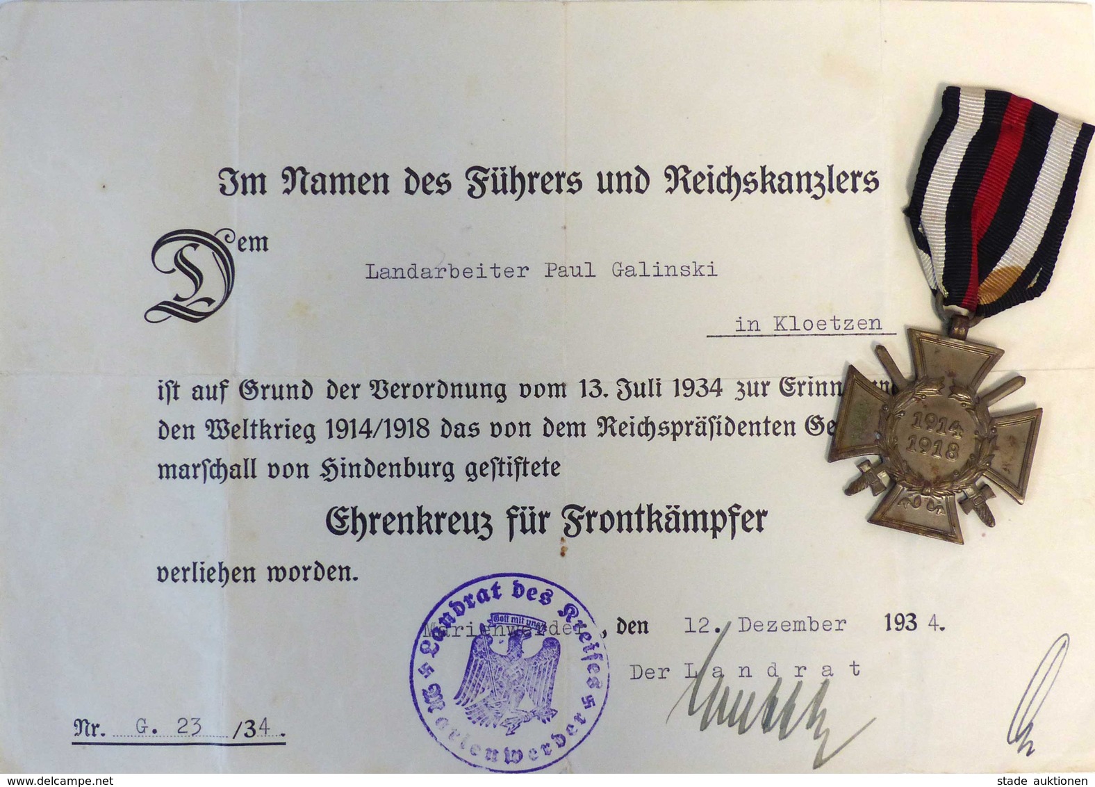 WK II Orden Ehrenkreuz Für Frontkämpfer Mit Verleihungsurkunde Hersteller 88 R.V. Pforzheim I-II (Urkunde Mehrfach Gefal - Guerra 1939-45