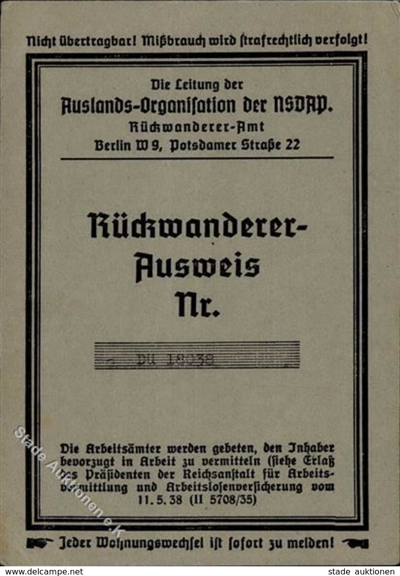 Dokument WK II Rückwanderer Ausweis I-II - Weltkrieg 1939-45