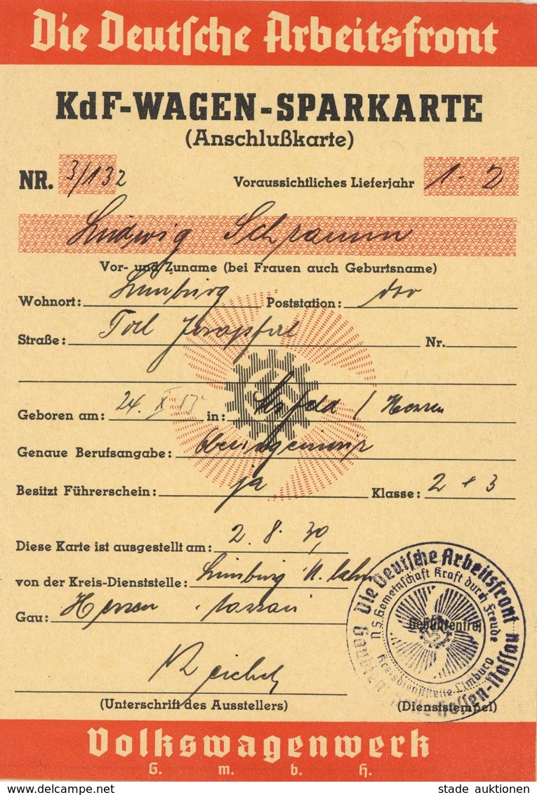 Dokumente WK II - KDF-WAGEN-SPARKARTE Mit Bestätigung Und Quittungen Für Abgegebenen Sparkarten An D. Deutsche Arbeitsfr - Guerre 1939-45