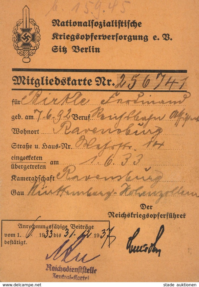 WK II Dokumente - NS-KRIEGSOPFERVERSORGUNG Klapp-Mitgliedskarte Mit Vielen Beitragsmarken 1938-1941 I-II - Weltkrieg 1939-45