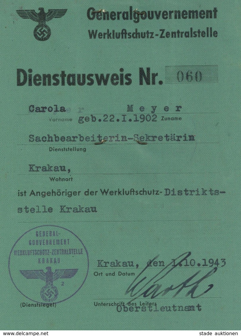 WK II Dokumente - Werkluftschutz GENERALGOUVERNEMENT KRAKAU - Dienstausweis Mit Lichtbild 1943 I - Weltkrieg 1939-45