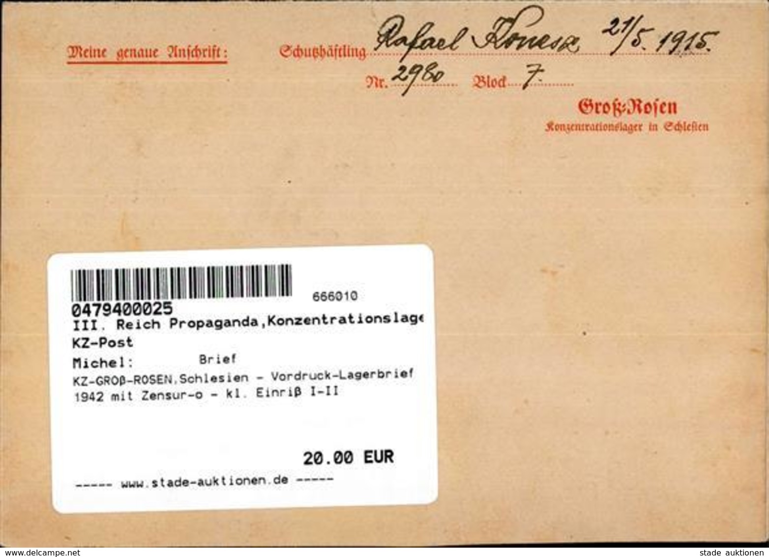 KZ-GROß-ROSEN,Schlesien - Vordruck-Lagerbrief 1942 Mit Zensur-o - Kl. Einriß I-II - Guerre 1939-45