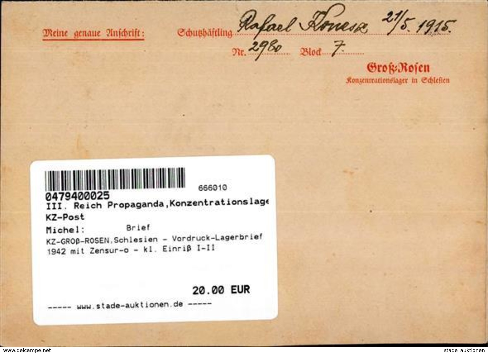 KZ-GROß-ROSEN,Schlesien - Vordruck-Lagerbrief 1942 Mit Zensur-o - Kl. Einriß I-II - Weltkrieg 1939-45