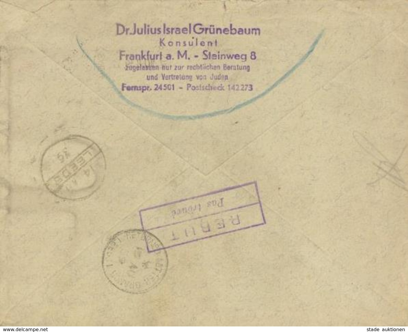 NS-JUDAIKA - Bedarfsbrief 10.8. 1939 V. Frankfurt/Main Nach England Mit Jüdischem Abs.-o -Dr. Julius Israel Grünbaum - K - Judaika