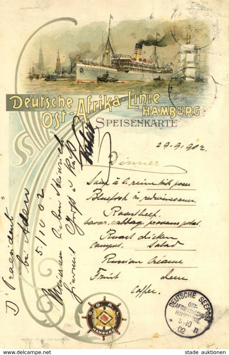 Marine Schiffspost 5.10.1902 Eine Seltene Speisekarte Der Deutschen  Ostafrika Linie Portogerecht Frankiert Mit 20 Pfg.  - Sonstige & Ohne Zuordnung