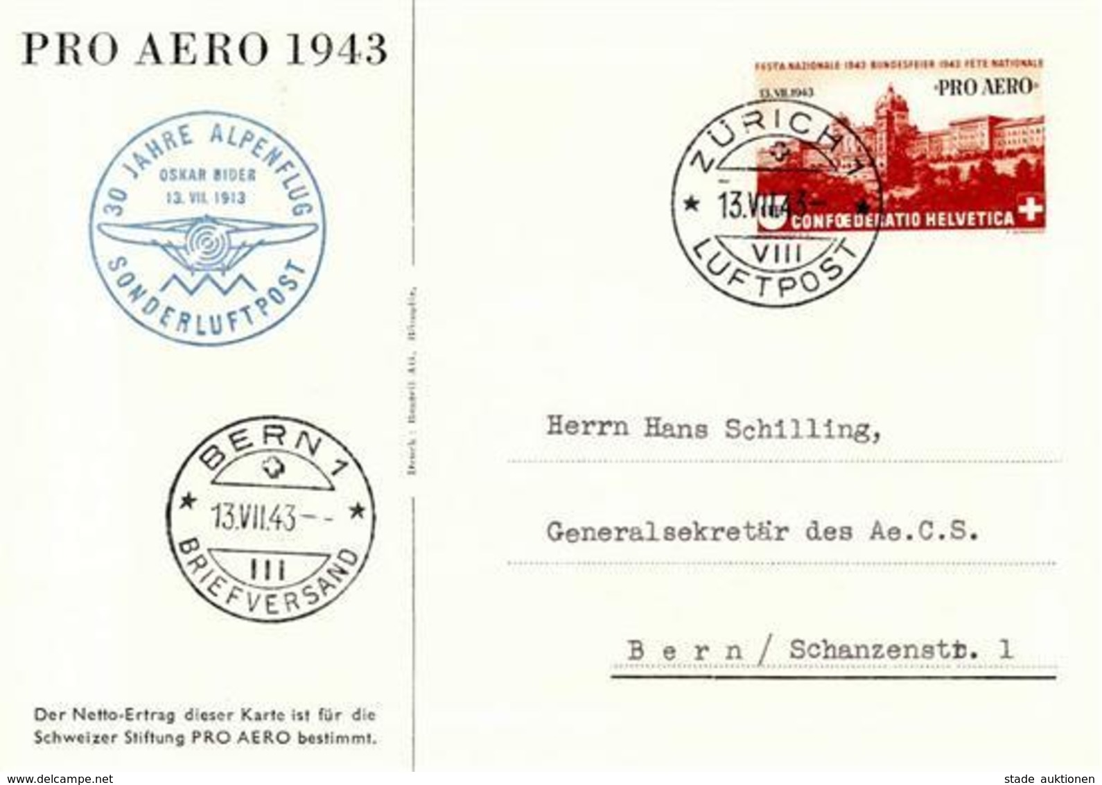 Flugzeug Oskar Bider Pro Aero Flugpostkarte 1943 Mit Sonderstempel I-II Aviation - Sonstige & Ohne Zuordnung