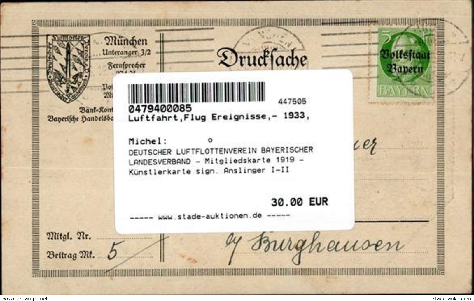 DEUTSCHER LUFTFLOTTENVEREIN BAYERISCHER LANDESVERBAND - Mitgliedskarte 1919 - Künstlerkarte Sign. Anslinger I-II - Other & Unclassified