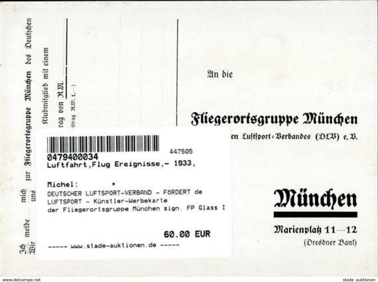 DEUTSCHER LUFTSPORT-VERBAND - FÖRDERT De LUFTSPORT - Künstler-Werbekarte Der Fliegerortsgruppe München Sign. FP Glass I - Other & Unclassified