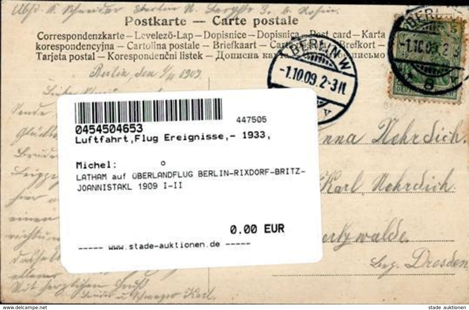 LATHAM Auf ÜBERLANDFLUG BERLIN-RIXDORF-BRITZ-JOANNISTAKL 1909 I-II - Sonstige & Ohne Zuordnung