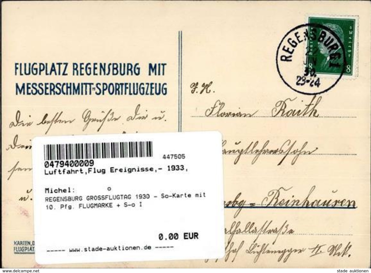 REGENSBURG GROSSFLUGTAG 1930 - So-Karte Mit 10. Pfg. FLUGMARKE + S-o I - Autres & Non Classés