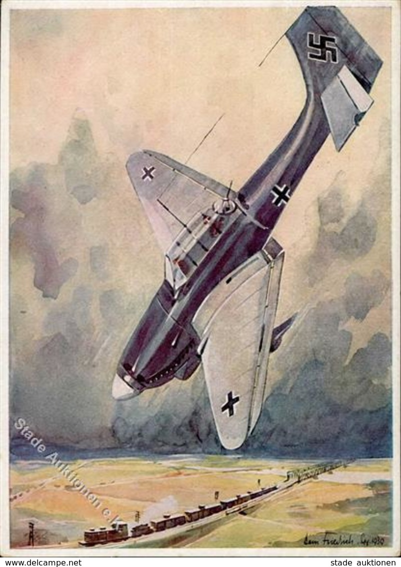 Flugwesen WK II Sturzbomber Angriff Auf Panzerzug Sign. Friedrich Künstlerkarte I-II Aviation - Other & Unclassified
