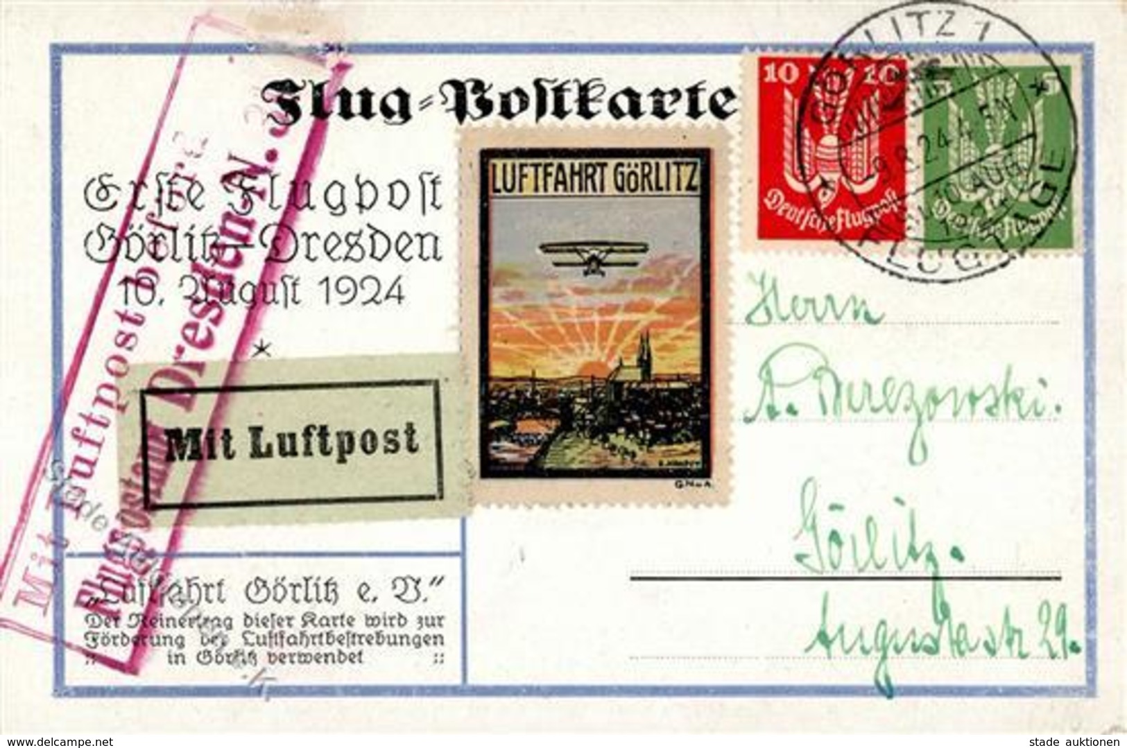 Flugpost Görlitz (o-8900) Stpl. Flugtage Vignette Luftfahrt Görlitz Luftpost Stpl. Mit Luftpost Befördert Flugpostamt Dr - Other & Unclassified