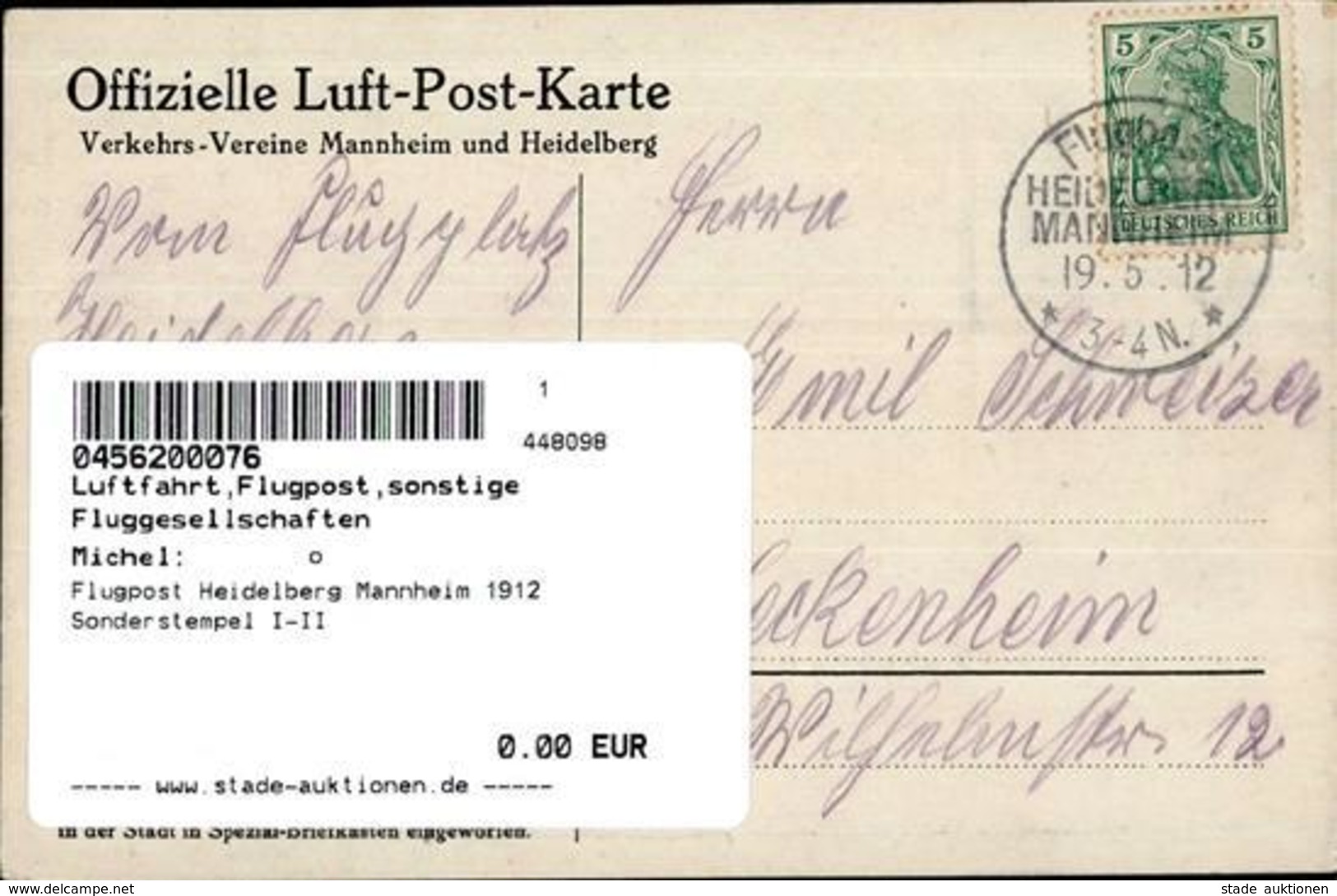 Flugpost Heidelberg Mannheim 1912 Sonderstempel I-II - Other & Unclassified