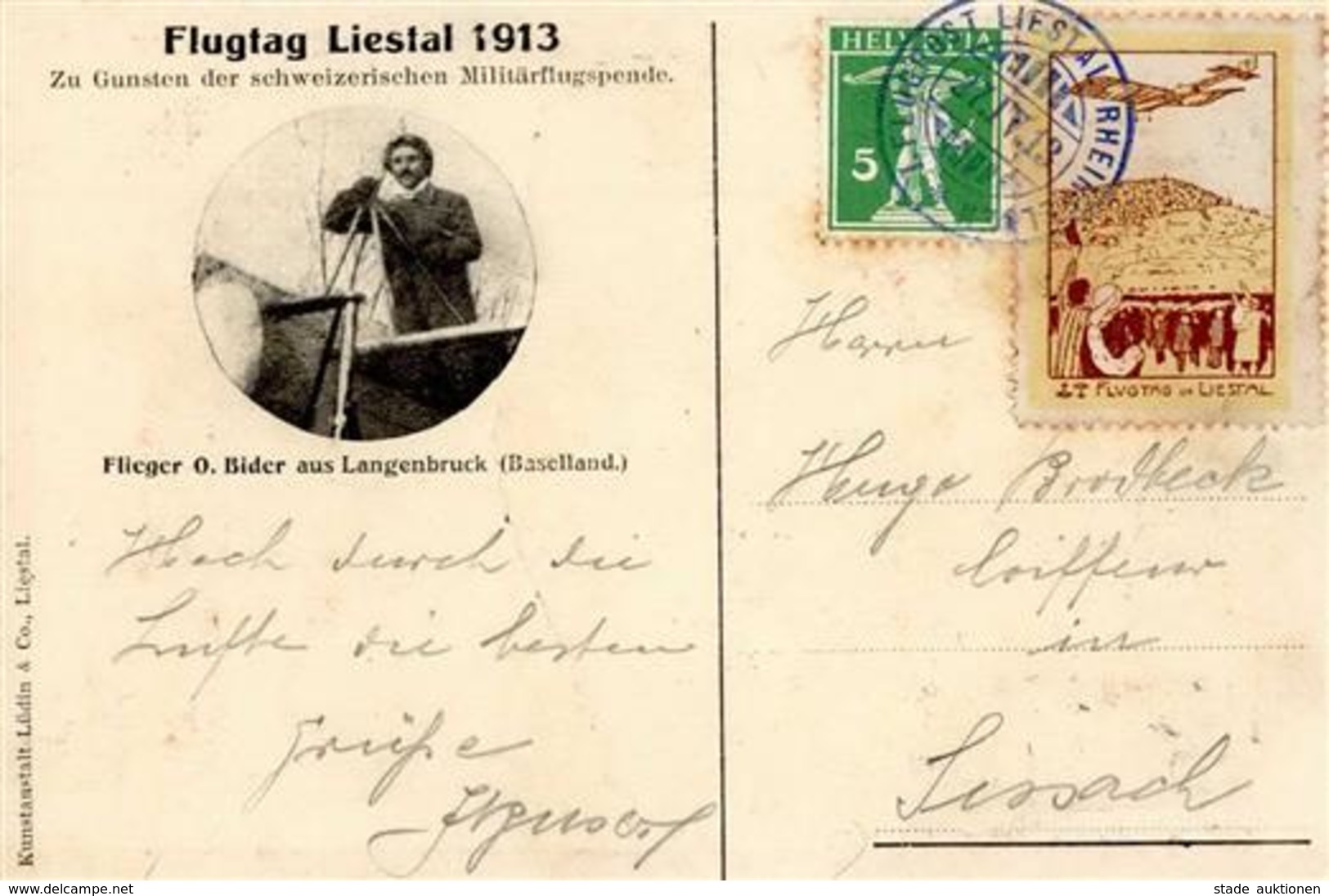 Flugpost Liestal CH (4410) Flugtag 27.4.1913 RS Bider, O. Und Vignette I-II - Sonstige & Ohne Zuordnung