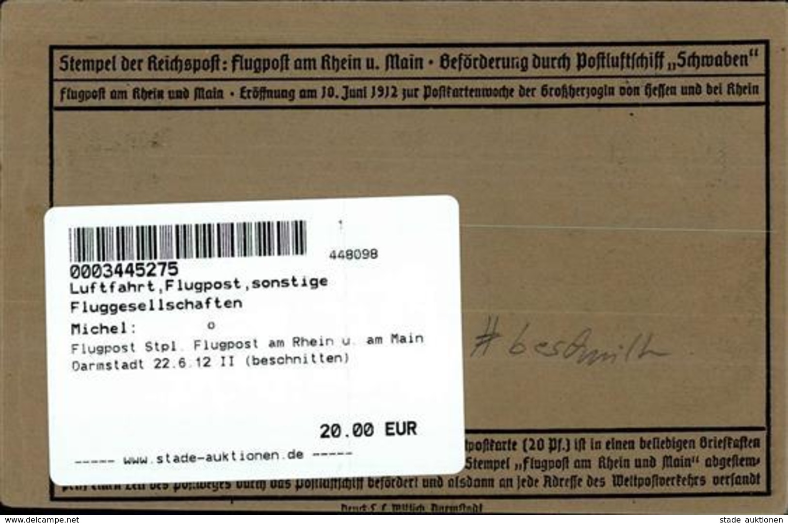 Flugpost Stpl. Flugpost Am Rhein U. Am Main Darmstadt 22.6.12 II (beschnitten) - Autres & Non Classés